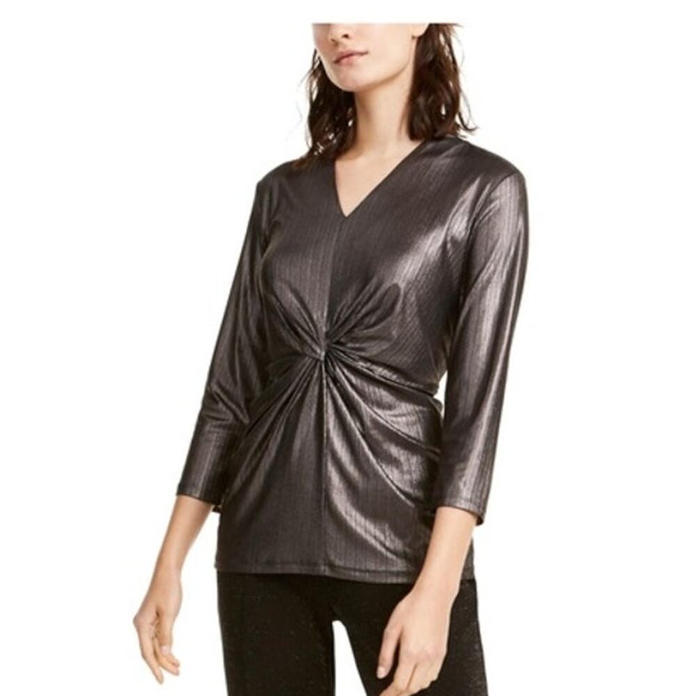 Alfani Womens Metallic Gray‎ Silver Twist-Front Top Charcoal Size M